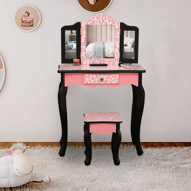 Ubesgoo Wooden Vanity Table Stool Set, Princess Vanity Set With Mirror And Bench