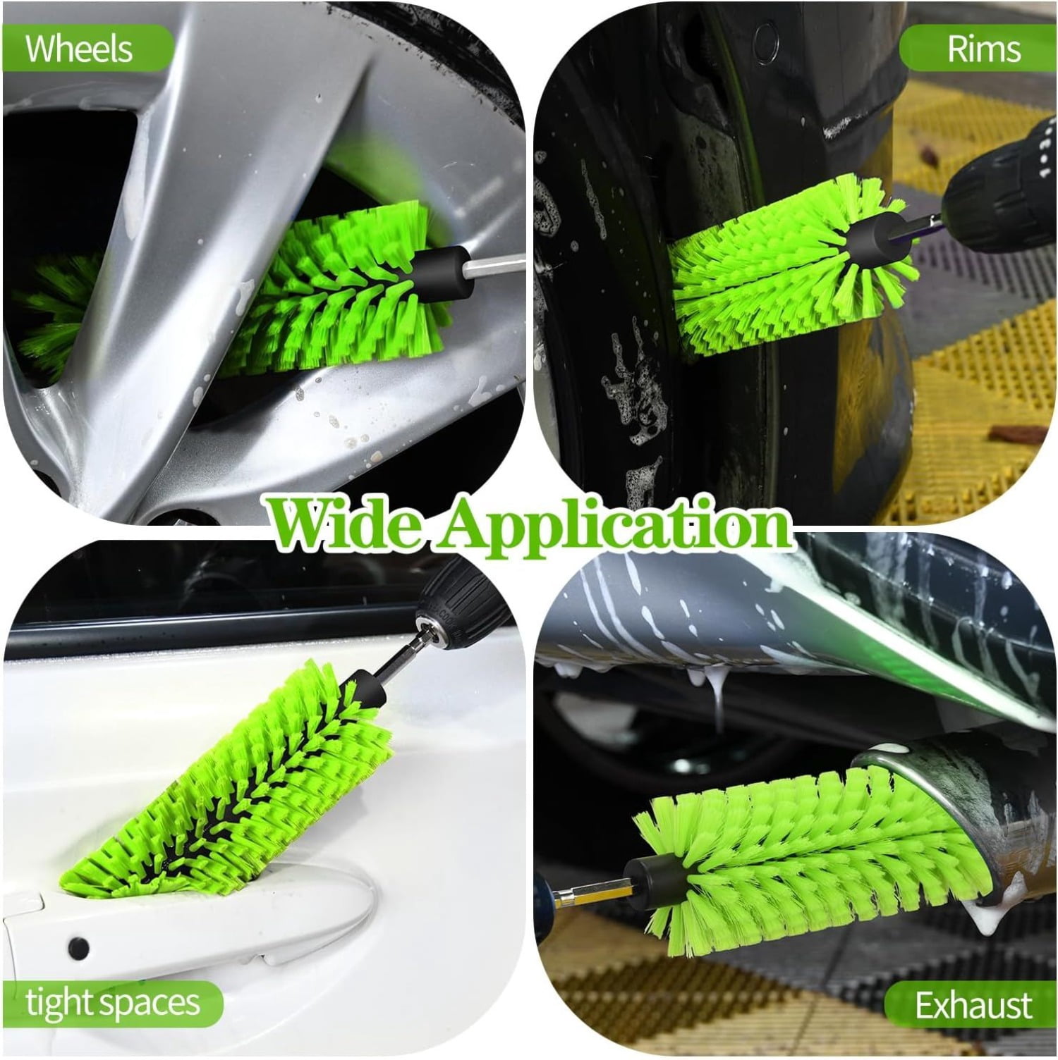 Green Drill Brush for Car Wheel and Bottle High Density Nylon Cleaning Brush for Wheels Rims Engines Exhaust