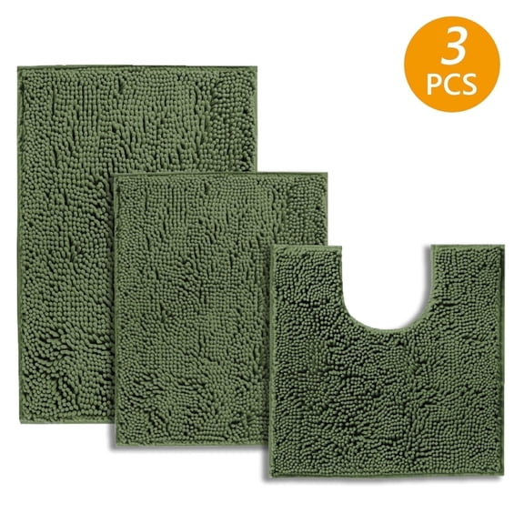 Hengbo 3 Pcs Chenille Bathroom Rug Sets Shaggy Bathroom Mat Set Carpet Extra Thick Soft Absorbent Bathroom Rugs Soft Non Slip Machine Wash Olive Green