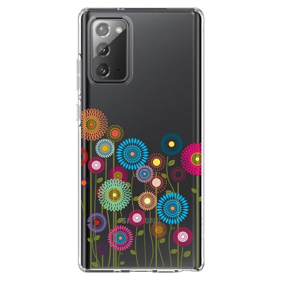 DistinctInk Clear Shockproof Hybrid Case for Samsung Galaxy Note 20 (6.7" Screen) - TPU Bumper Acrylic Back Tempered Glass Screen Protector - Cartoon Wildflowers Stems Leaves
