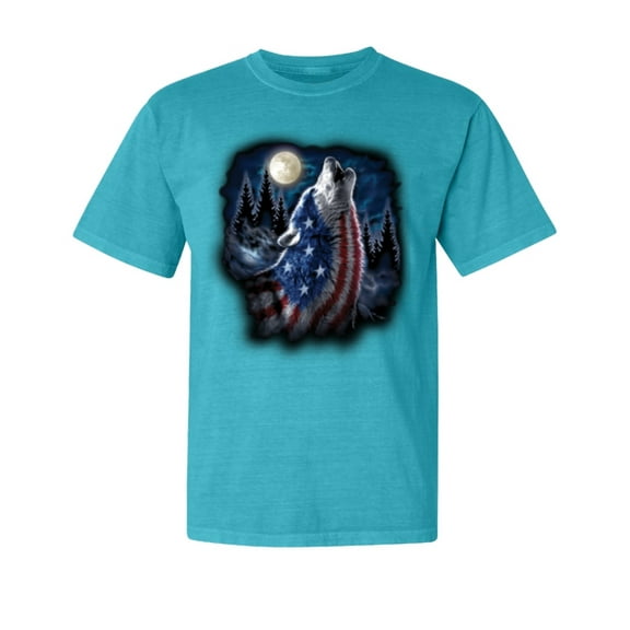 Wild Bobby, American Flag Howling Wolf, Animal Lover, Garment-Dyed Washed Look Short Sleeve T-Shirt, Blue Lagoon, Small