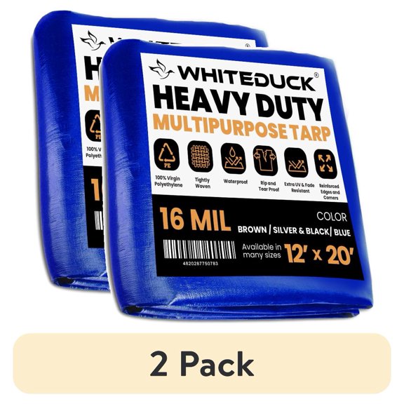 (2 pack) WHITEDUCK 12' x 20' Super Heavy Duty Poly Tarp Thick 16 Mil, Waterproof 100% UV Resistant Rip/Tear Proof Tarp w/Rustproof Grommets & Reinforced Edges (Blue)
