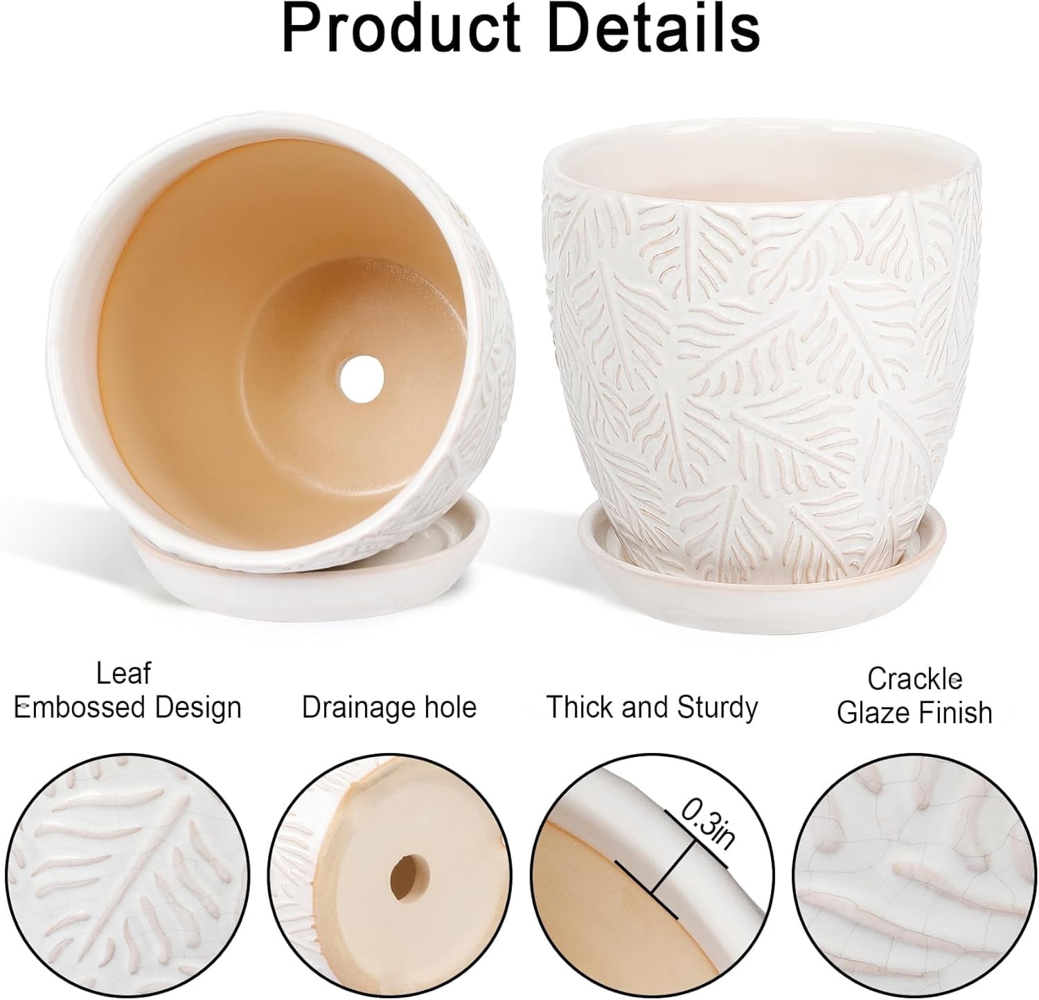 BUYMAX ceramic plant pots, 6 inch plant pots with drainage hole and saucer, indoor/outdoor flower pots, set of 2, leaf embossed - white glaze