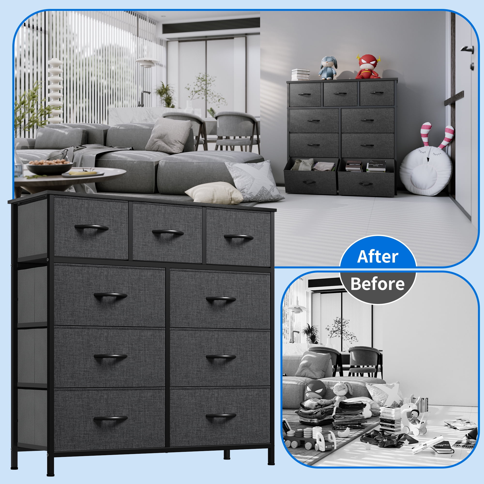 Uforic 9 Drawer Fabric Storage Dresser with Steel Frame for , Living Areas, Hallways, Closets, and Offices, Black Gray