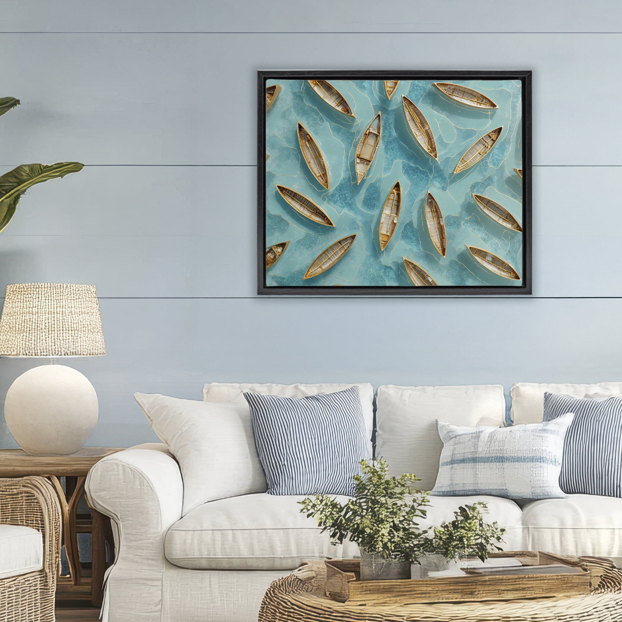 Harmonious Canoes on Water Black Framed Floater Canvas Wall Art, design by Franklyn Gregory