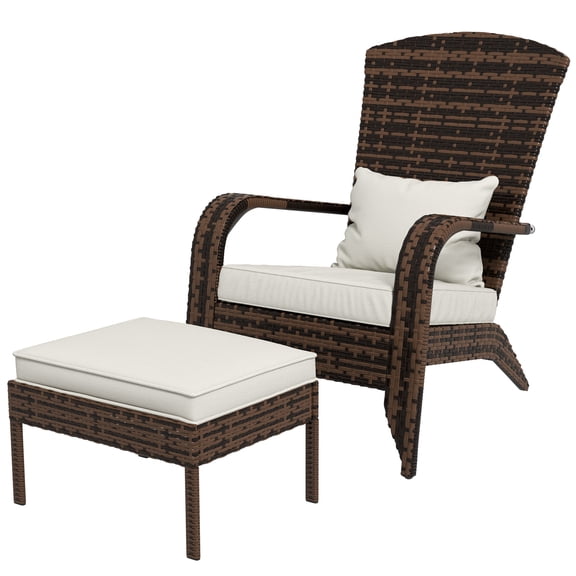 Homiyad Patio Wicker Adirondack Chair with Ottoman, Cream White Cushions, High-Back & Large Seat, Outdoor Fire Pit Chair, Deck, Garden, Backyard | Aosom.com