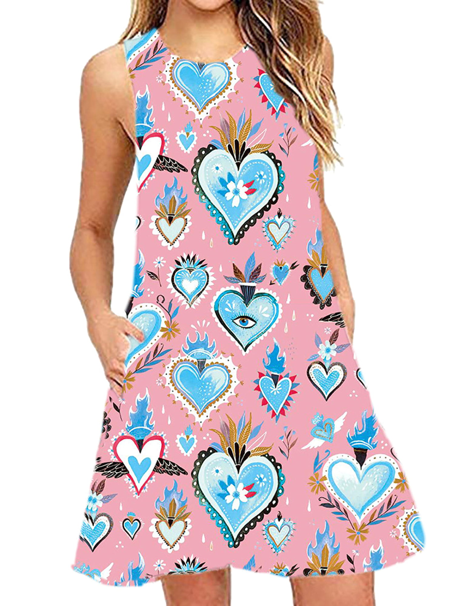 Womens Dresses Rabbit Pattern Printed Round Neck Sleeveless Straight Casual Cute Summer Midi Dress 