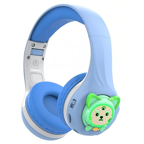 Riwbox CB-7S Auriculares Bluetooth para niños, luz LED, volumen seguro limitado de 74/85/95 dB, tarjeta TF, tiempo de reproducción de 50 horas, auriculares inalámbricos Bluetooth V5.3 con micrófono y