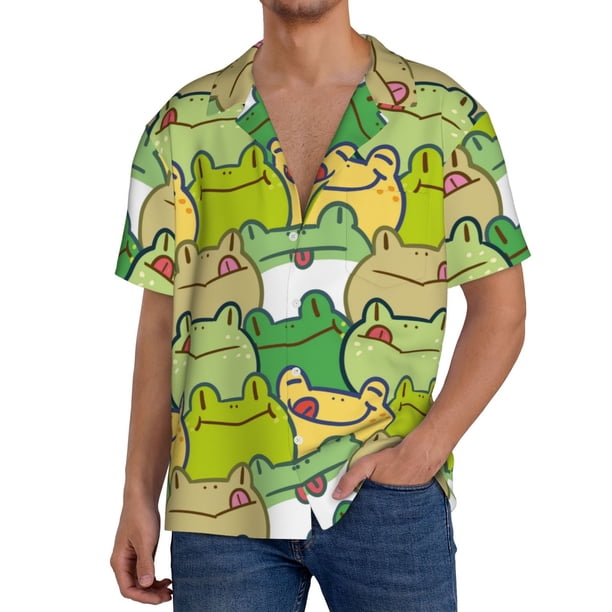 Fotbe Cartoon Frog Camisa Estampada de Manga Corta para Hombre, Casual de Verano, Estilo Playero, Sin Arrugas-Medium