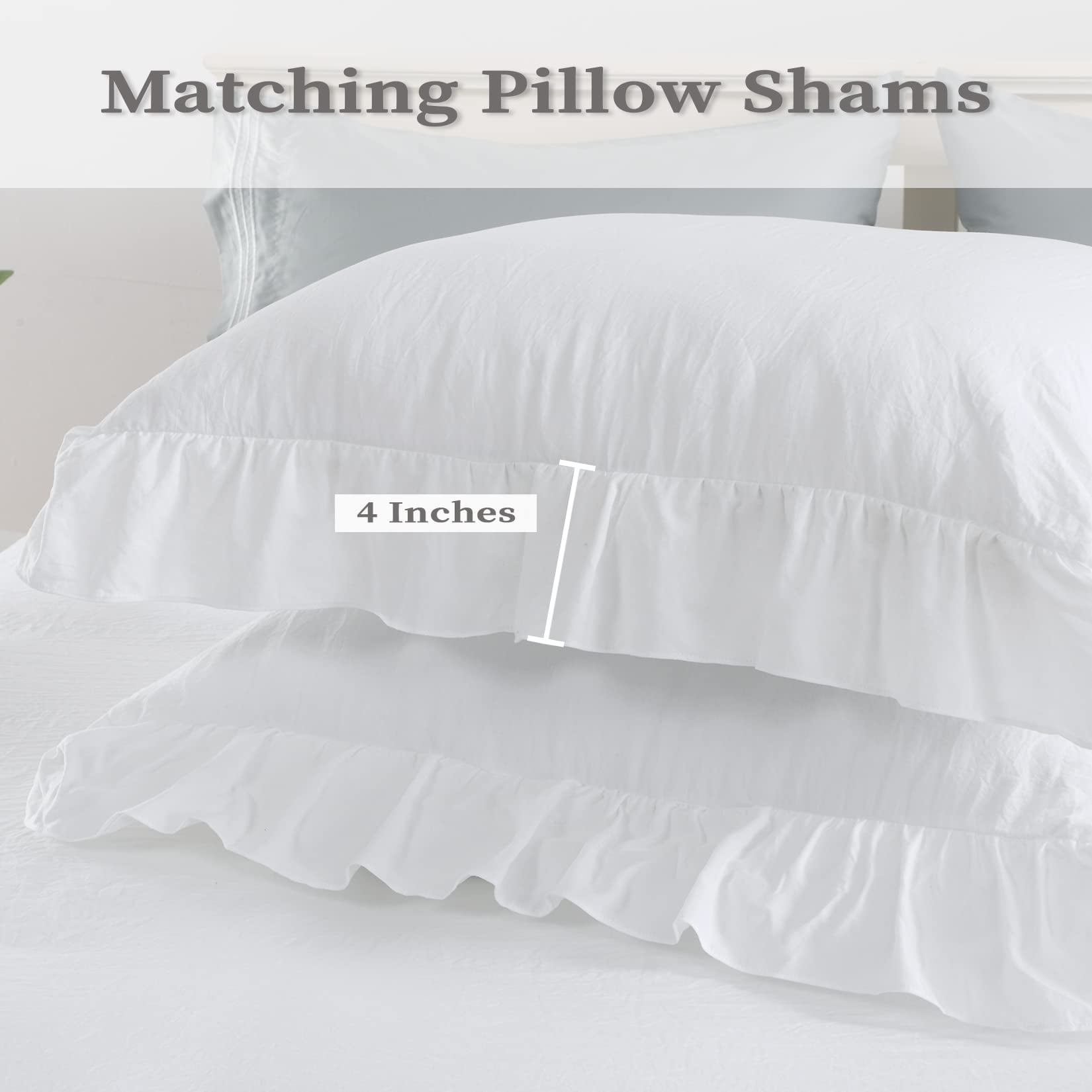 Ruffle Duvet Cover King Size, 3PCS Soft Washed Microfiber Vintage French Country Duvet Cover Set with Button Closure, White, 104x90 in