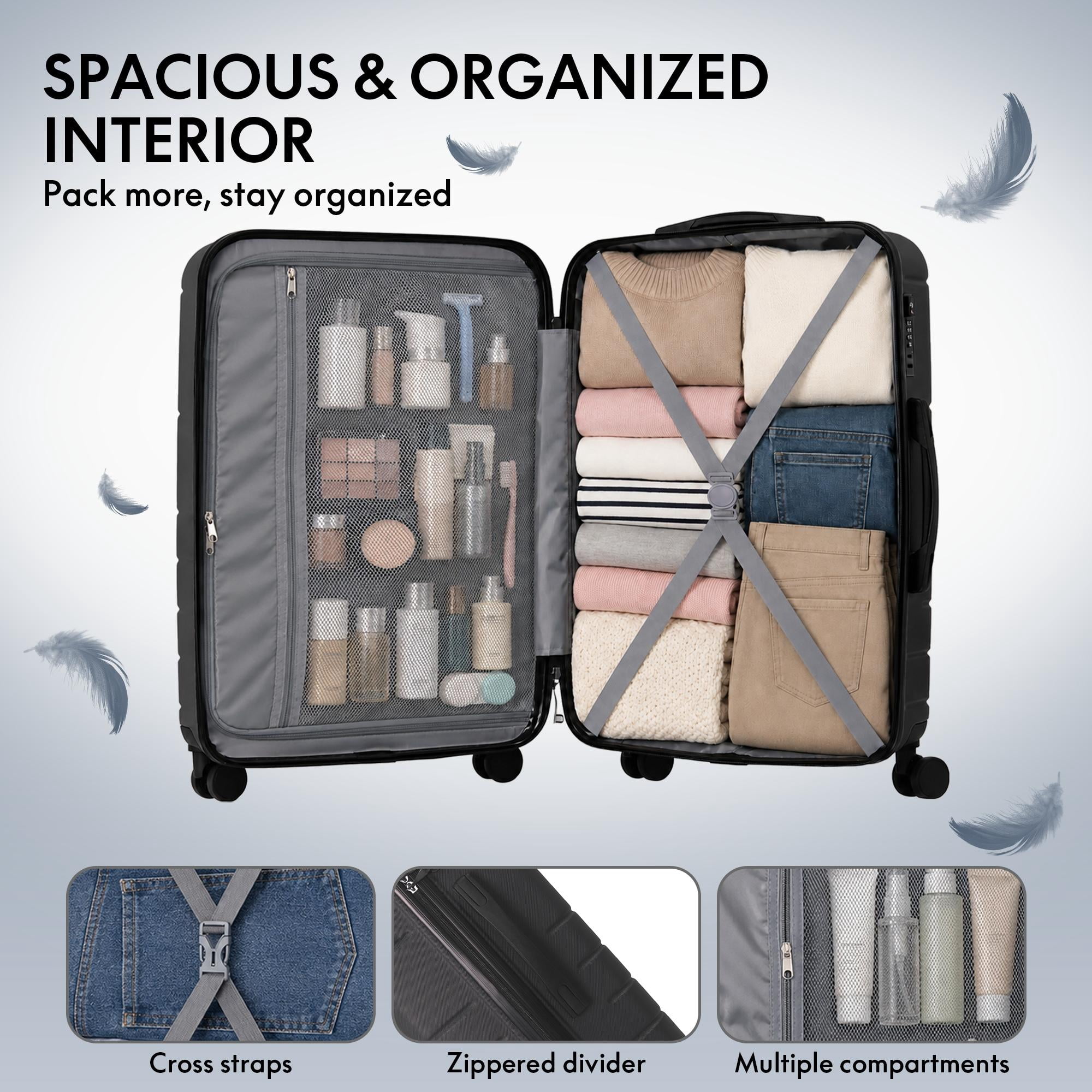 3-Piece ABS Hardshell Luggage Set, Lightweight Scratch-Resistant Suitcases with Silent Spinner Wheels & TSA Lock, Black