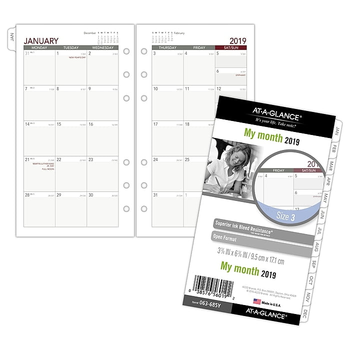 3-3/4 x 6-3/4 Day Runner 063-685Y_1 Portable Size 3 AT-A-GLANCE Monthly Planner Refill Loose Leaf 