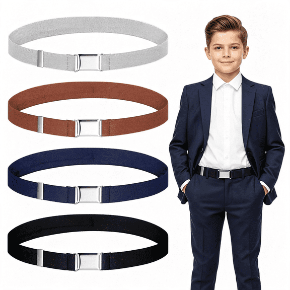 TELOLY 4 Pcs Kids Elastic Belt No Magnet-Toddler&Boy Adjustable Stretch Belt with Smooth Metal Easy Snap Closure,Comfortable Fit for Pants,Jeans&Uniform-(Silver Grey,Navy,Black,Brown)
