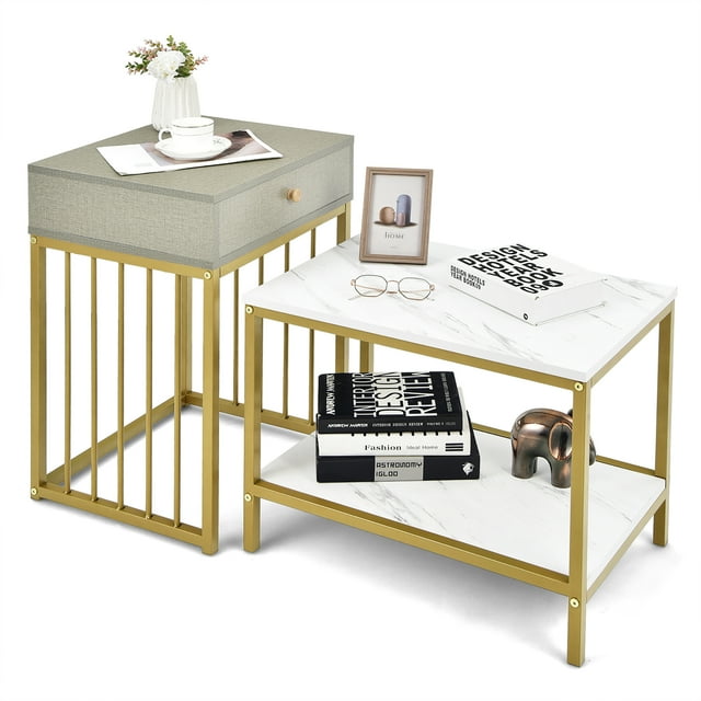Costway Set de 2 mesas bajas de nido con cajón y repisa, set mesitas de sofá compactas 2 en 1 con estructura en acero, mesitas modernas para salón dormitorio balcón y oficina