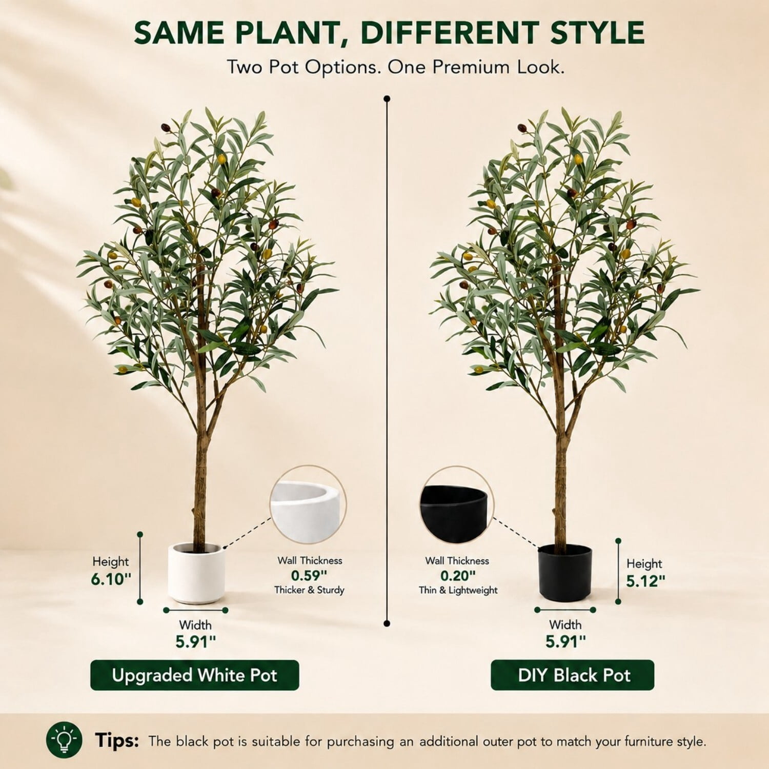 Easy4Home 5.3FT Artificial Olive Tree with Lifelike Fruits Fake Olive Plant Potted Indoor Faux Floor Plant for Home Office Decor, White Pot