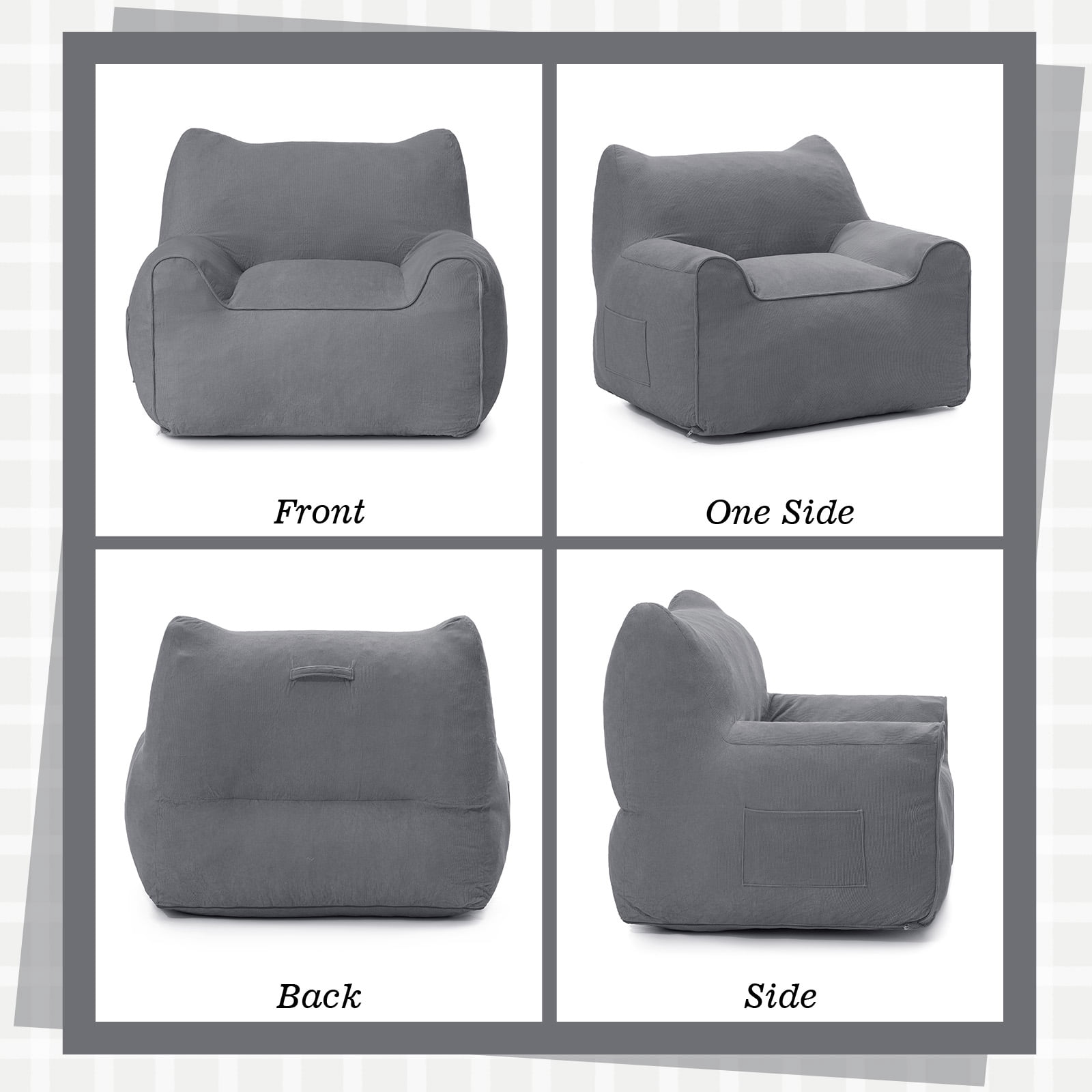 Lusimo Bean Bag Chair for Adults Teens, 3FT Lazy Memory Foam Bean Bag Sofa for Bedrooms, Cat-Ear Design Couch with Corduroy Washable Cover, Lounge Chairs with Pocket for Gaming, Reading, Gray