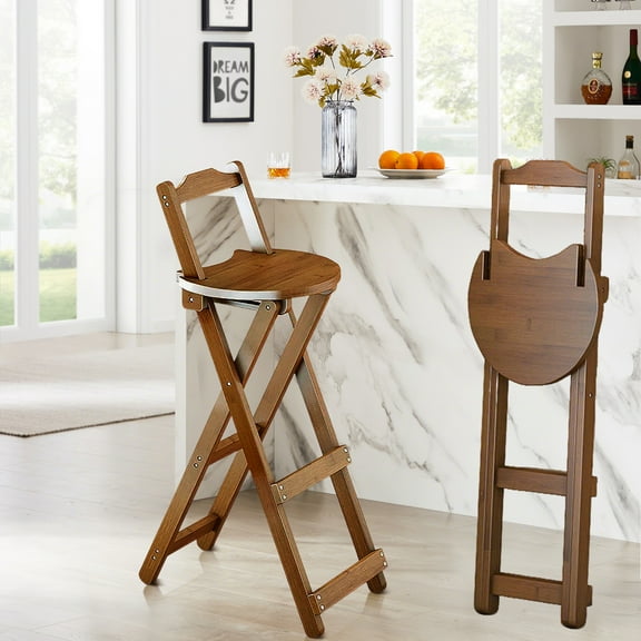 Beuway 38"Foldable Bamboo Bar Stool with Back & Footrest,Counter Height Chair for Home Camping(Brown,L)