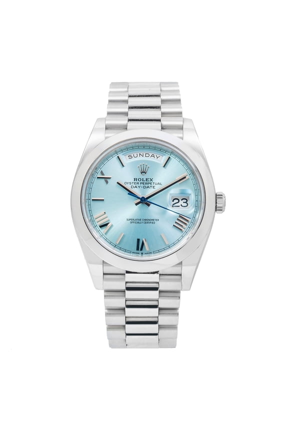 Pre-Owned Rolex Day-Date 40MM 228206 Ice Blue Roman Dial Platinum Smooth Bezel Platinum President Bracelet