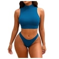 thumbnail image 2 of Trajes de baño para mujer, Trajes de baño para mujer, Traje de baño bikini de tirantes sin espalda de color liso para mujer, Conjunto de bikini con bloques de color y hombros descubiertos, Traje de ba, 2 of 7