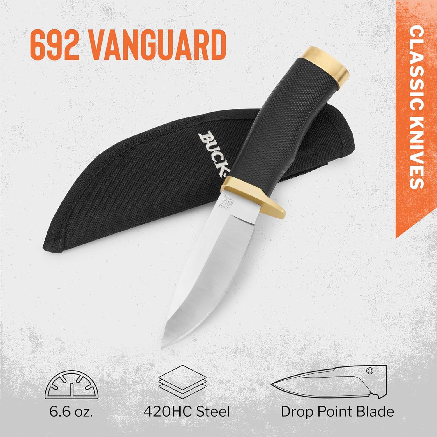 Buck Knives 692 Vanguard Hunting Knife, 4-1/4" Fixed Blade, Rubber Handle, 6.6 oz