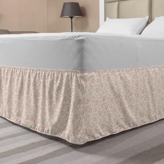 Flower Bed Skirt, Vintage Old Fashioned Floral Pattern Silhouettes Briar Shrubs Roses Retro, Elastic Bedskirt Dust Ruffle Wrap Around for Bedding Decor, 4 Sizes, Rose Pale Green White, by Ambesonne