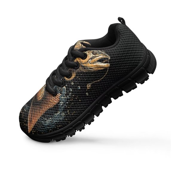Uourmeti Kids Bass Fish Shoes Size 4 School Sneakers Mesh Lace Up Tennis Walking Shoes for Boys Girls Casual Athletic Running Lightweight Trainer