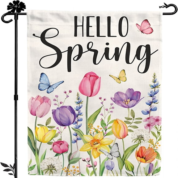 AUQ Tulip Hello Spring Garden Flag 12X18 Inch Double-Sided,Outdoor Floral Spring Decorations for Home,Yard,Small Burlap April Garden Flag for Outside,Welcome Flower Decor for Easter