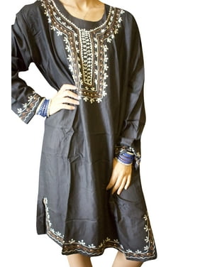 Mogul Women Tunic Dress, Black Hand Embroidered Tunic Handmade Summer Beach Shirt Dresses L