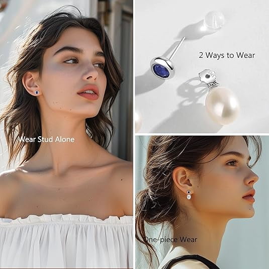 BAMIKI  8.5-9mm Drop & Dangle Pearl Earrings for Women – 925 Sterling Silver Freshwater Cultured Pearls with Cubic Zirconia, 2-Way Wear Hypoallergenic Jewelry Gift