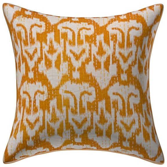 Stylo Culture Indian Chair Seat Throw Pillow Cover 16 x 16 Kantha Mustard Yellow Printed 40cm x 40cm Bedroom Decor Pillowcase Cotton Ikat Square Cushion Cover | 1 Pc