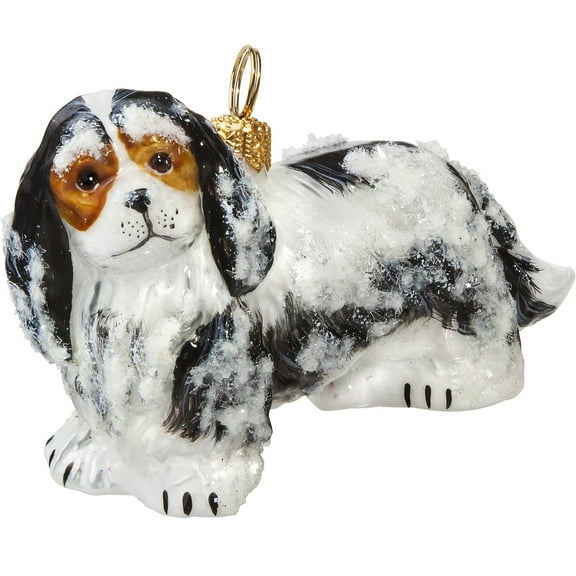 Snowy Cavalier King Charles Tri Color Polish Glass Christmas Dog Ornament