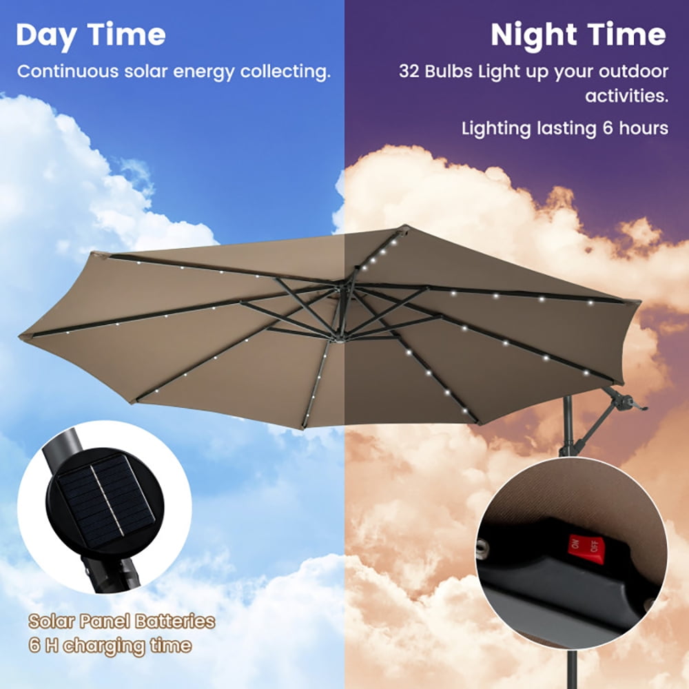 Aimee Lii 10 Feet Cantilever Umbrella with 32 LED Lights and Solar Panel Batteries, Table Umbrella Outdoor for Patio, Pool, Beach, Tan Aimee Lii 10 Feet Cantilever Umbrella with 32 LED Lights and Solar Panel Batteries, Table Umbrella Outdoor for Patio, Pool, Beach, Tan