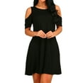 thumbnail image 4 of Defitshape Women's Summer Dress Mini Cold Shoulder Short Sleeve Casual Swing Scoop Neck Pockets Tshirt Black Medium, 4 of 4
