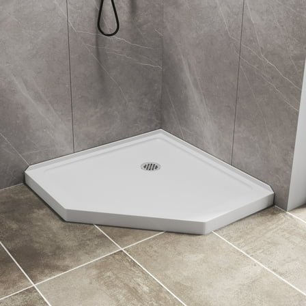KPUY 36" x 36" White Acrylic Neo-Angle Shower Base, Corner Anti-Slip Texture and Center Drain Shower Pan