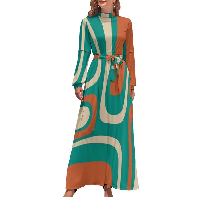 Vestido largo Palm Springs con estampado abstracto moderno retro de mediados de siglo en tonos naranja, turquesa, verde azulado y beige