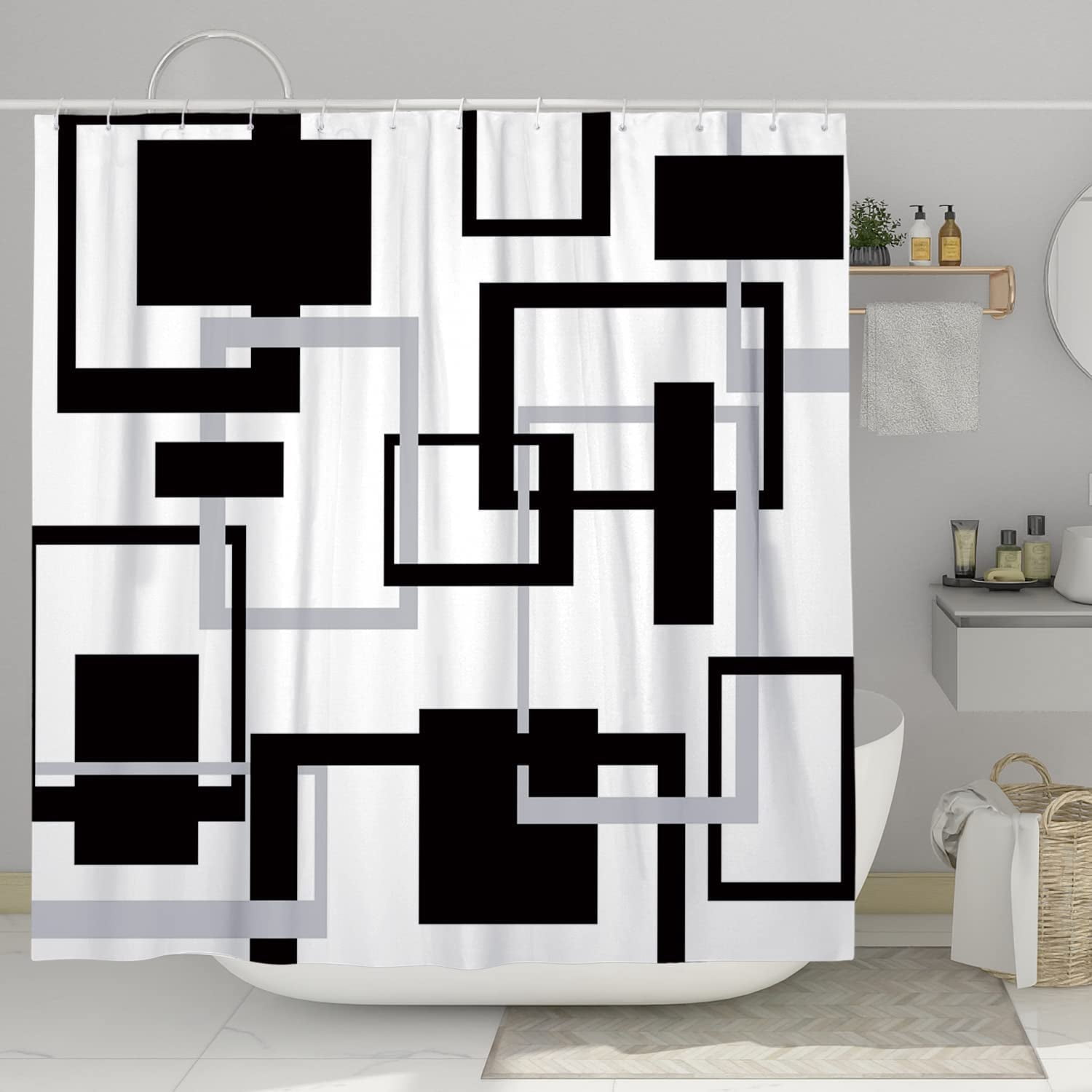 Black White Geometric Shower Curtain Set Neutral Abstract Shower Curtains for Bathroom Modern Bathroom Decor Polyester Fabric-72" x 72"