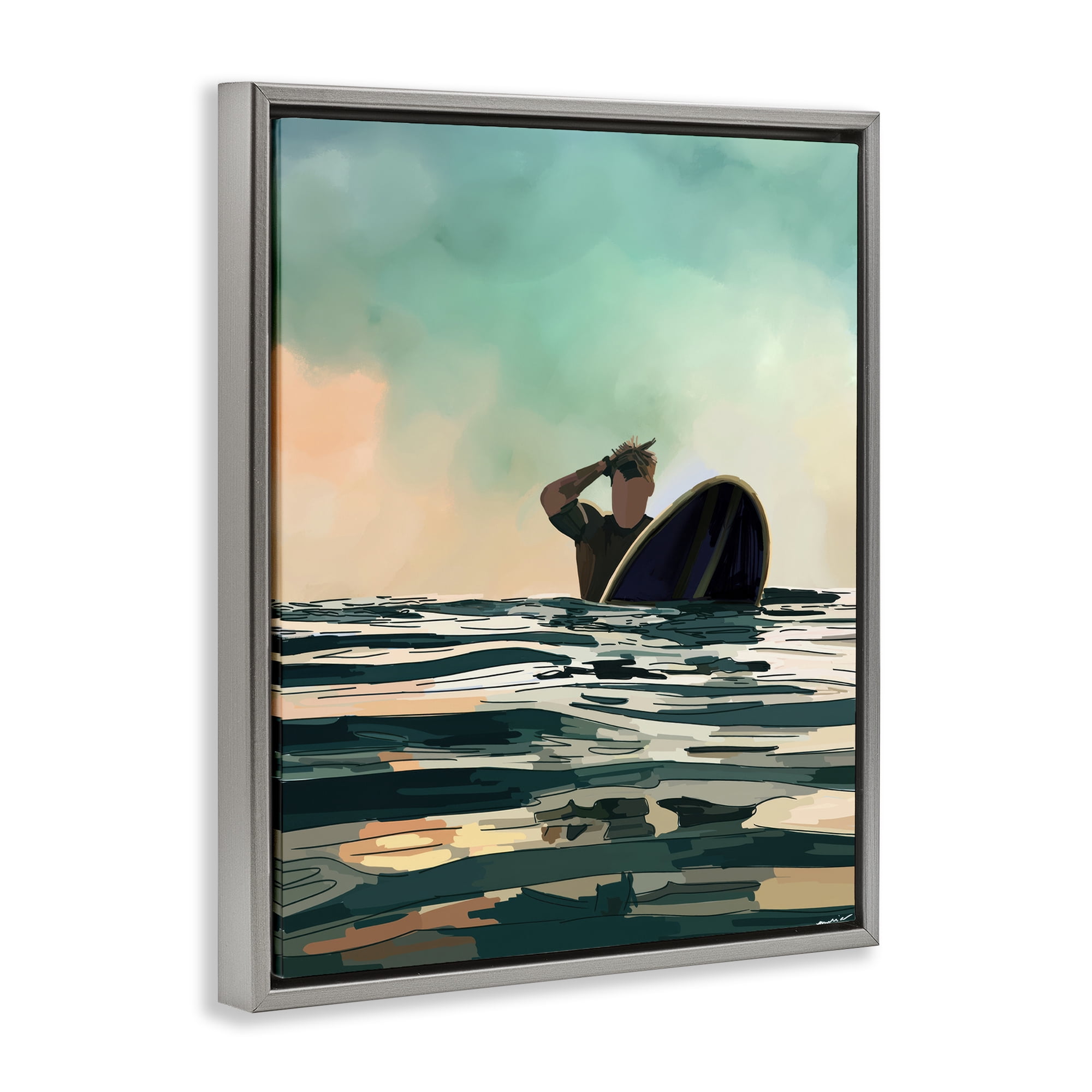 Stupell Industries Surfer with Ocean Reflection Nautical & Beach Painting Gray Floater Framed Canvas Art Print Wall Art, 25 x 31