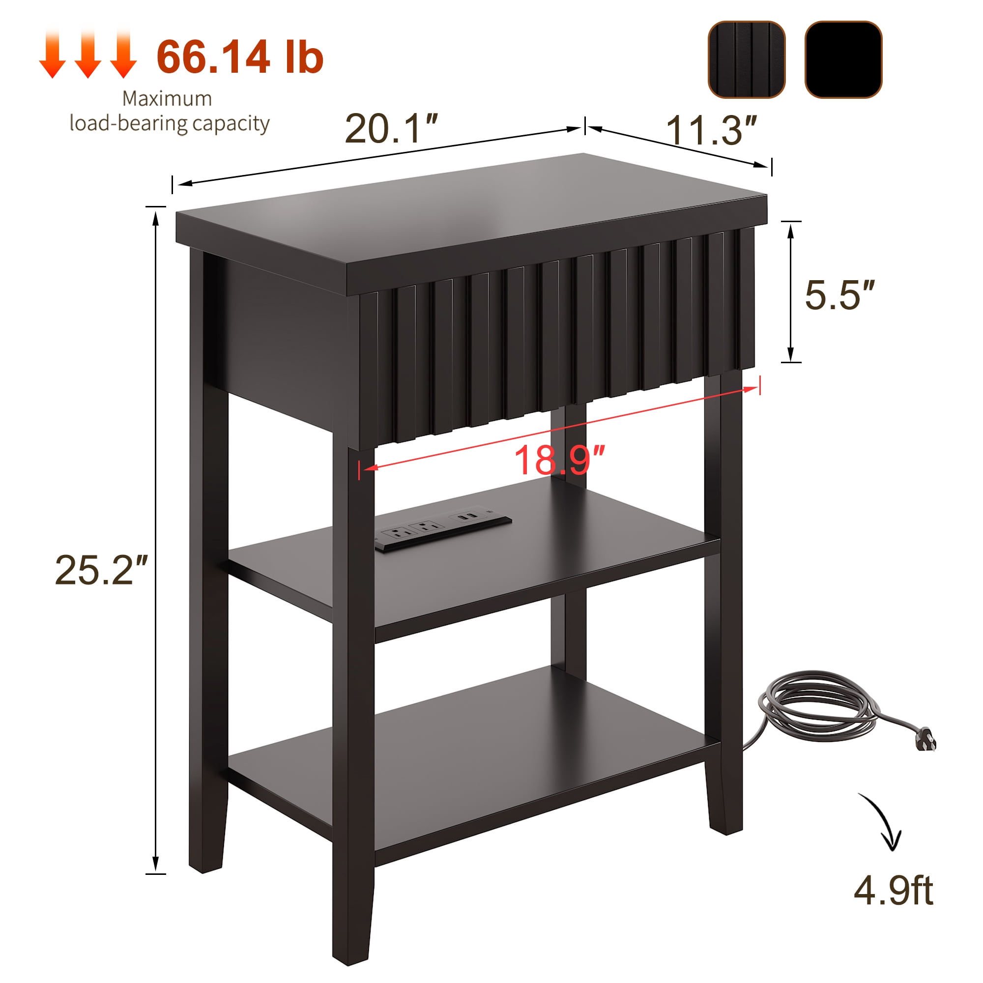 Fluted Nightstand with Charging Station,Farmhouse Night Stand with Drawer & 2 Open Storage Shelves,Modern Side Table for Bedroom Small Space Living Room Entryway,Black