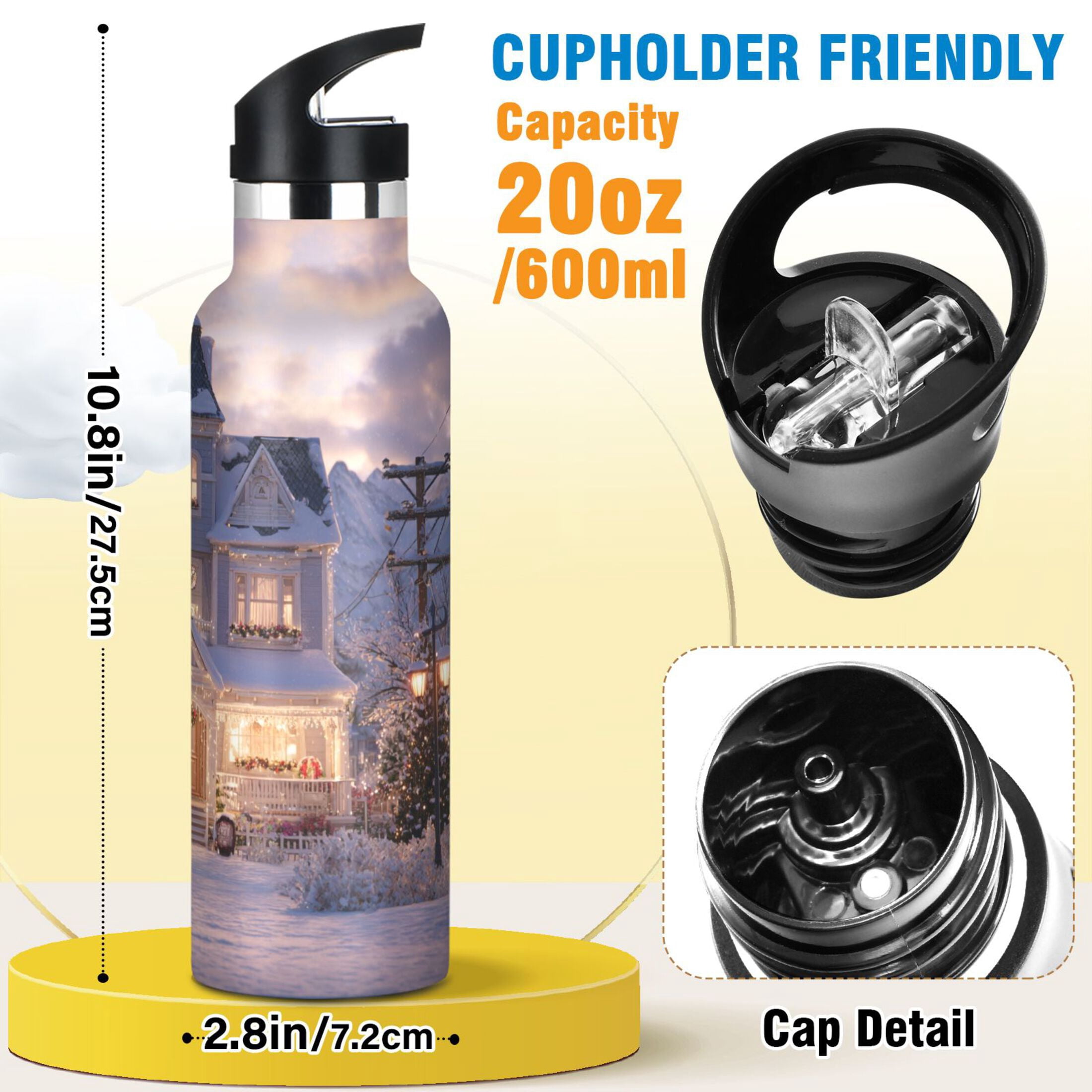 600ML Stainless Steel Insulated Cup Sports Water Bottle Portable Thermos Cup Water Glasses Insulated Tumblers Convenient and Durable Warm Christmas House