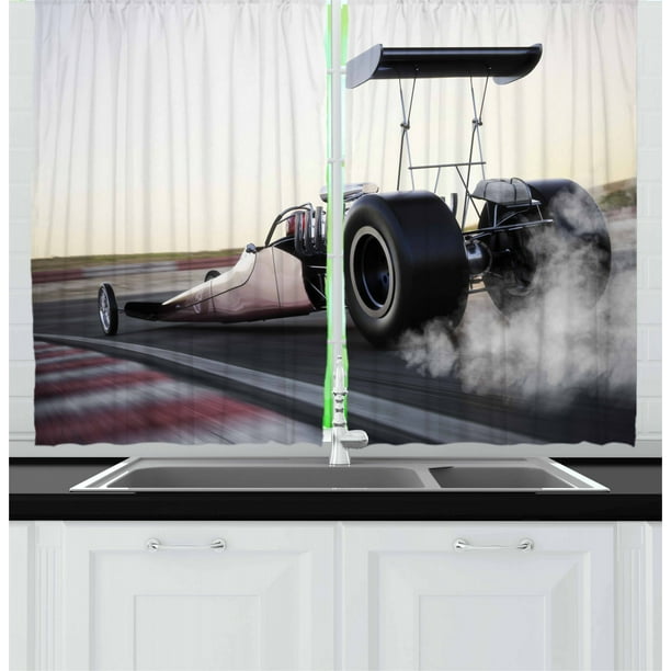 Cars Curtains 2 Panels Set, Dragster Racing down The Track with Burnout Competition Speed Sports