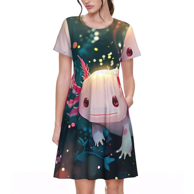 Disketp Whimsical Axolotl Fantasy para Vestido de Manga Corta para Mujeres, Vestidos de Verano para Mujeres, Casual y Holgado para la Playa