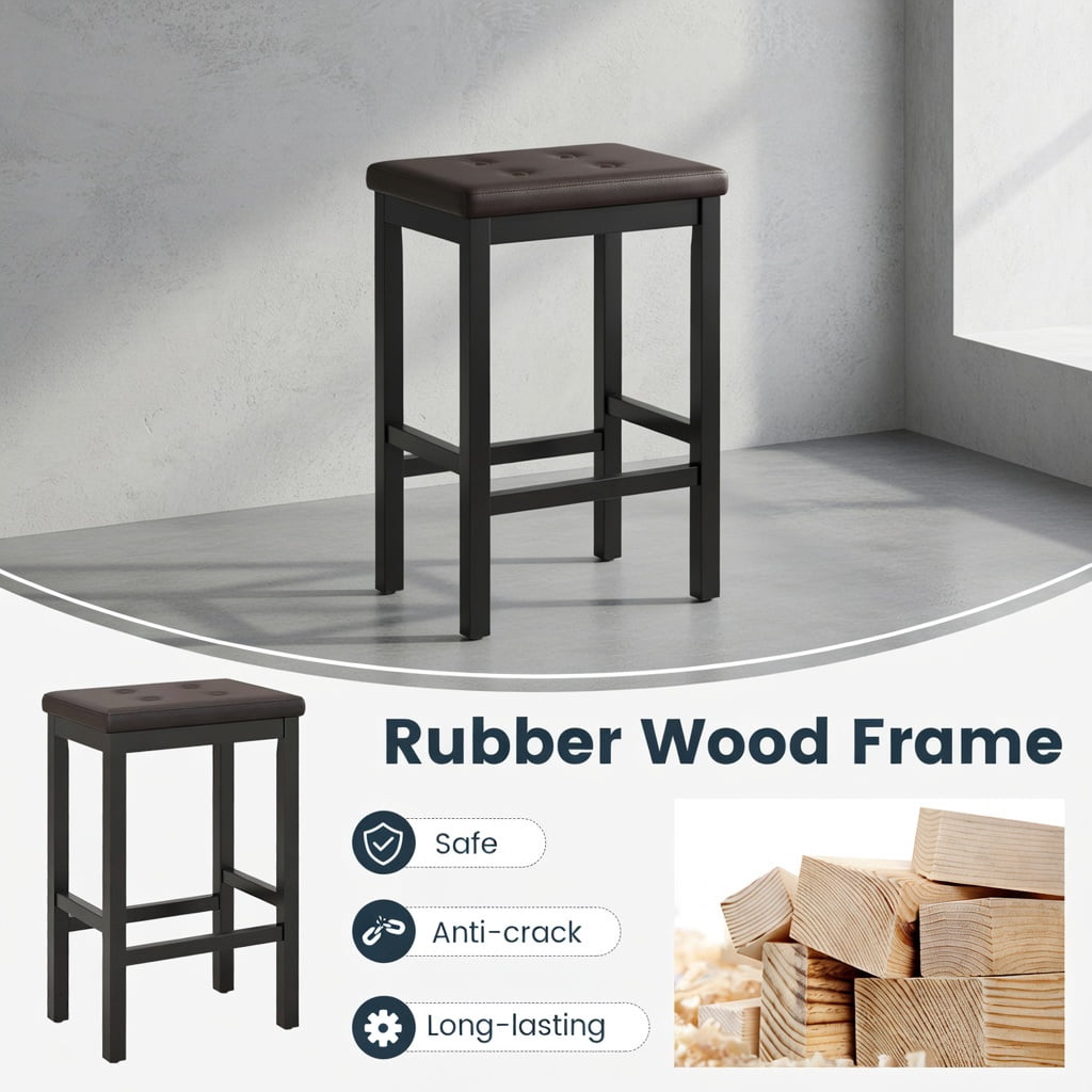 Yardi Yard 24 Inch Bar Stools Set of 2, Bar Stools with Padded Seat Footrest and Rubber Wood Frame, Brown