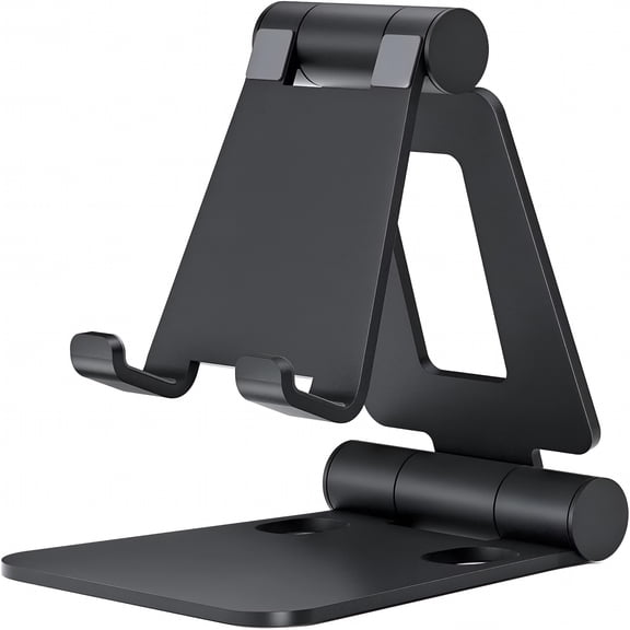 XIBUFE Dual Folding Cell Phone Stand,Fully Adjustable Foldable Desktop Phone Holder Cradle Dock Compatible with Phone 15 14 13 12 11 Pro Xs Xs Max Xr X 8,Nintendo Switch,All Phones-Black