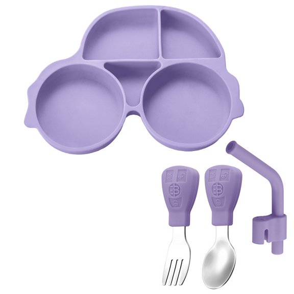 Car Shaped Plate Straight Spoon Fork and Straw Set, Silicone Divided Dinner Plate, Stainless Steel Utensils, Toddler Child Children Kids Snack Meal Plate Feeding