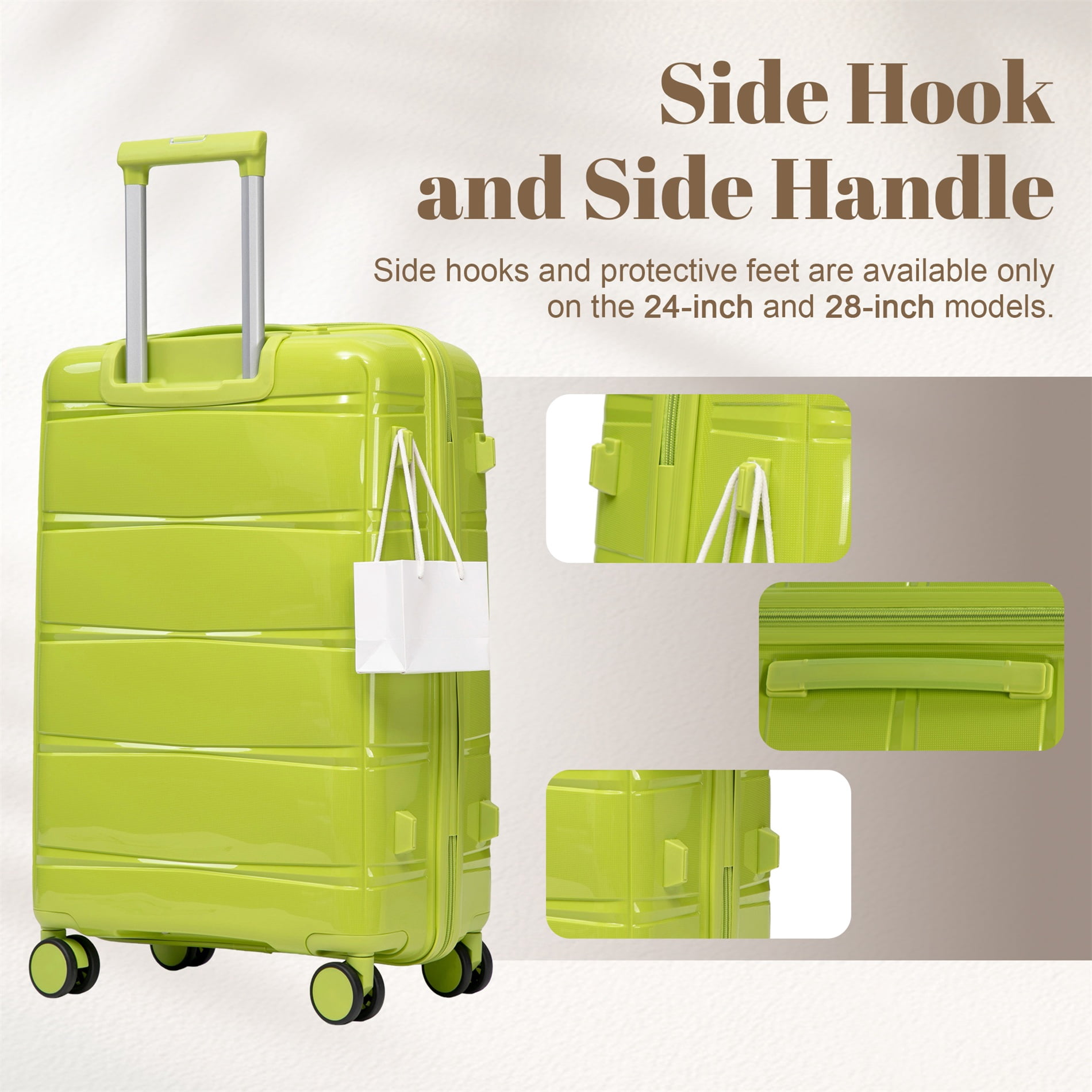 Alvantor 3 Piece Hardshell Luggage Set PP Hardside Suitcase with Iron Telescopic Handle Side Hook 20"24"28"(Green)