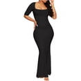 thumbnail image 2 of Robes pour Femmes 2024 Été Oversize Couleur Unie Col en Ligne Taille Haute Slim Manches Courtes Sirène Robe 50 % de Réduction Liquidation!, 2 of 6