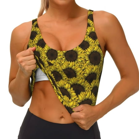 Qokaie Sunflowers 3 Pattern Womens Scoop Neck Sports Bra Breathable Workout Vest Padded U Back Medium Impact Fitness Gym Yoga Bra Workout Crop Top