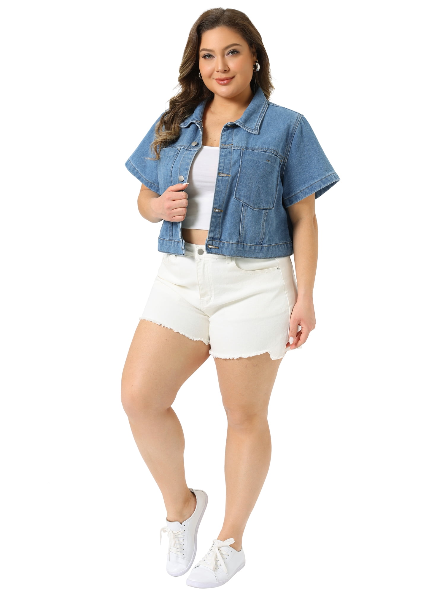 DARING DIVA Women's Plus Classic Washed Cropped Denim Jacket 4X Light Blue