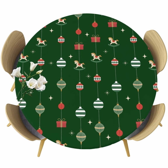 Christmas Round Tablecloth, Fitted Table Cover with Elastic for 55"-60" Round Tables, Winter Xmas Balls Weeping Green Cartoon Cute Table Cloth Outdoor Indoor Dinning Party Waterproof Tablecloths