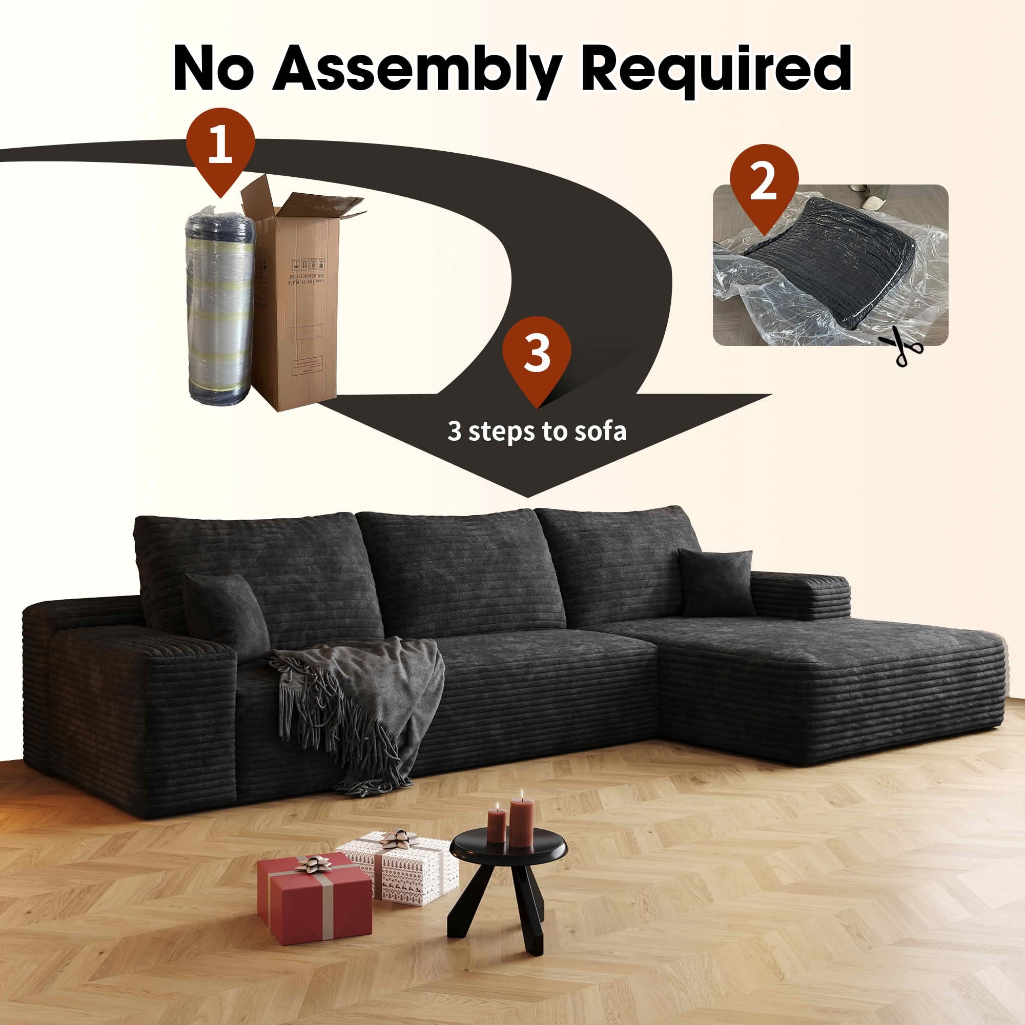 MAYEERTY 107-Inch Black Plush Corduroy 3-Seat L-Shaped Cloud Modular Sectional Sofa, Deep Seat Couch with Chaise No Assembly Required